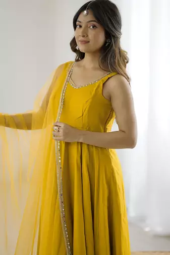 Awesome Yellow Lace Work Chanderi Silk Haldi Wear Anarkali Suit With Dupatta