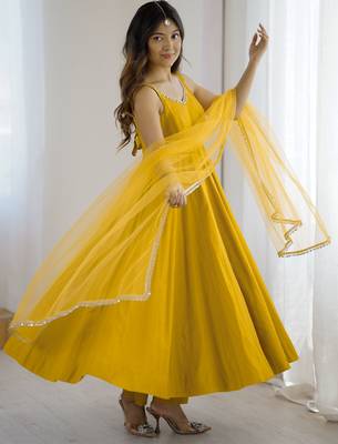 Awesome Yellow Lace Work Chanderi Silk Haldi Wear Anarkali Suit With Dupatta 4