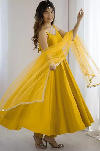 Awesome Yellow Lace Work Chanderi Silk Haldi Wear Anarkali Suit With Dupatta