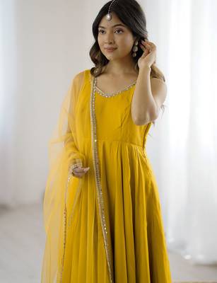 Awesome Yellow Lace Work Chanderi Silk Haldi Wear Anarkali Suit With Dupatta 5