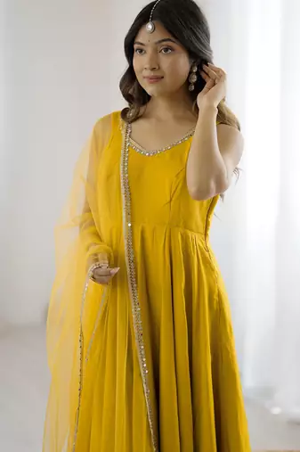 Awesome Yellow Lace Work Chanderi Silk Haldi Wear Anarkali Suit With Dupatta