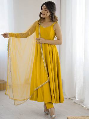 Awesome Yellow Lace Work Chanderi Silk Haldi Wear Anarkali Suit With Dupatta 6