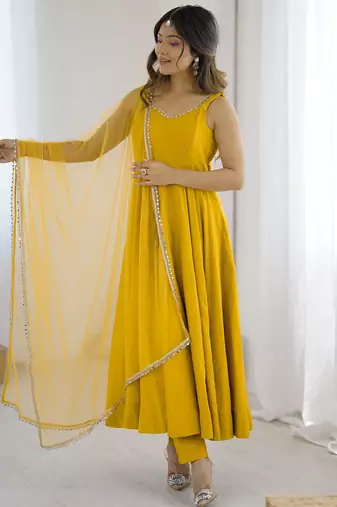 Awesome Yellow Lace Work Chanderi Silk Haldi Wear Anarkali Suit With Dupatta