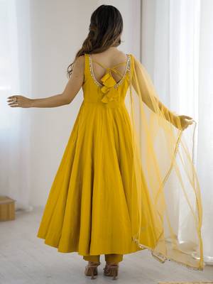 Awesome Yellow Lace Work Chanderi Silk Haldi Wear Anarkali Suit With Dupatta 7
