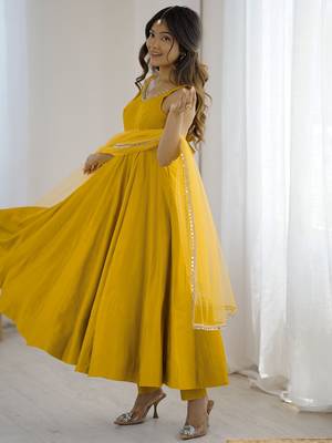 Awesome Yellow Lace Work Chanderi Silk Haldi Wear Anarkali Suit With Dupatta 8