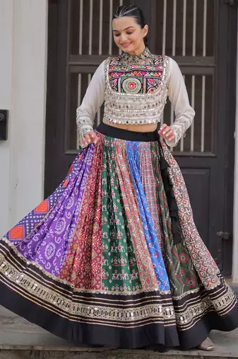 multi color digital printed cotton navaratri lehenga set choli with dupatta