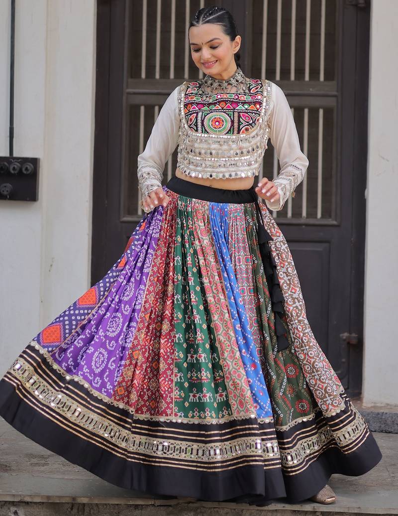 multi color digital printed cotton navaratri lehenga set choli with dupatta
