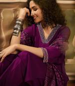 Women's purple v-neck embroidered kurta with trousers & dupatta