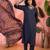 Women's navy blue v-neck embroidered kurta with trousers & dupatta