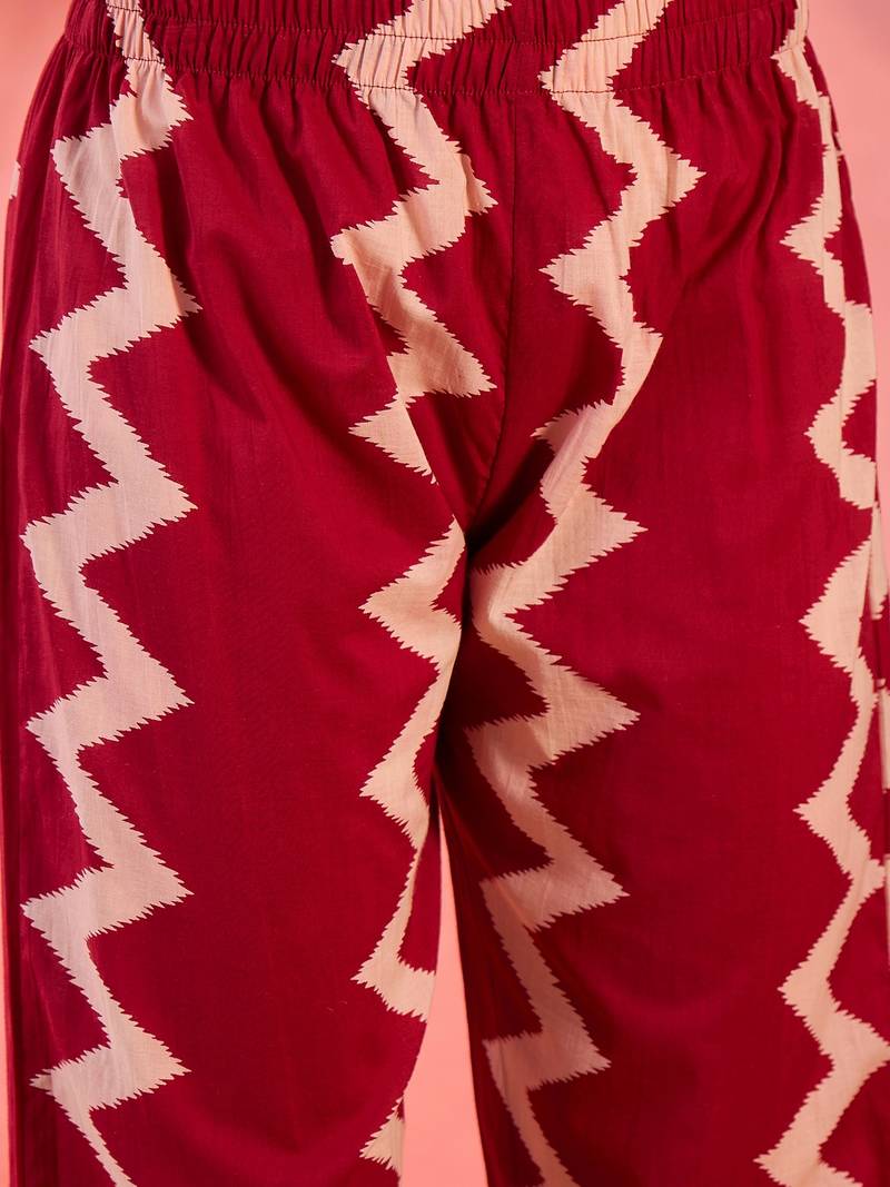 Women's maroon & beige geometric printed a-line kurta with trousers & dupatta