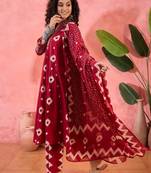 Women's maroon & beige geometric printed a-line kurta with trousers & dupatta