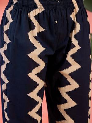 Women's navy blue & beige geometric printed a-line kurta with trousers & dupatta 2