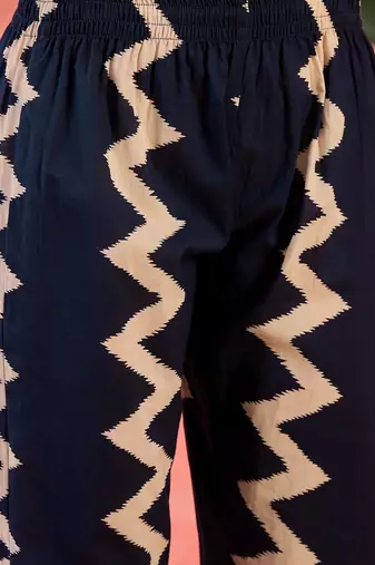Women's navy blue & beige geometric printed a-line kurta with trousers & dupatta