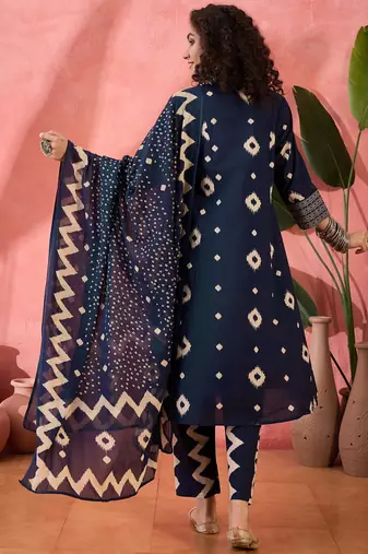 Women's navy blue & beige geometric printed a-line kurta with trousers & dupatta