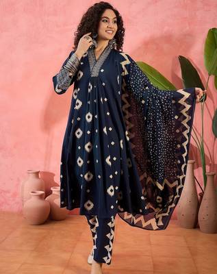 Women's navy blue & beige geometric printed a-line kurta with trousers & dupatta 1