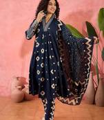 Women's navy blue & beige geometric printed a-line kurta with trousers & dupatta