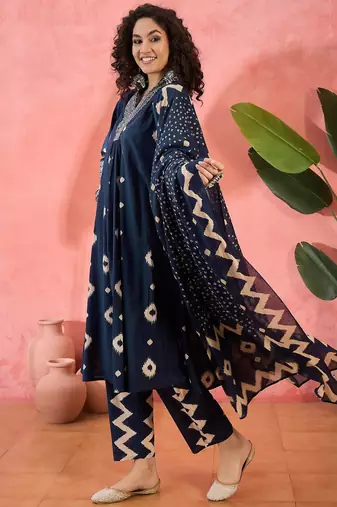 Women's navy blue & beige geometric printed a-line kurta with trousers & dupatta