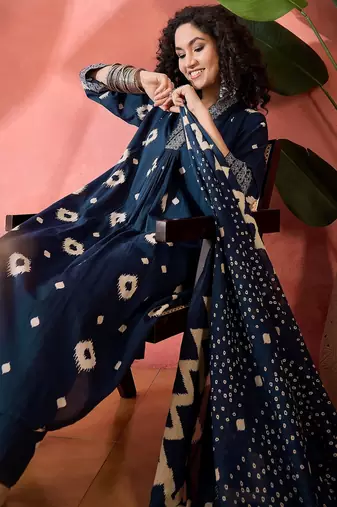 Women's navy blue & beige geometric printed a-line kurta with trousers & dupatta