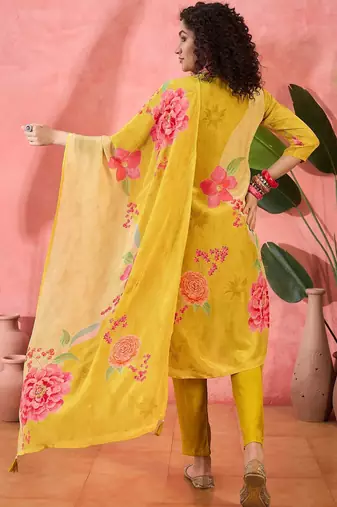 Women's yellow & pink floral printed kurta with trousers & dupatta