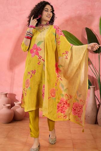 Women's yellow & pink floral printed kurta with trousers & dupatta