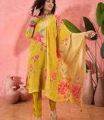 Women's yellow & pink floral printed kurta with trousers & dupatta