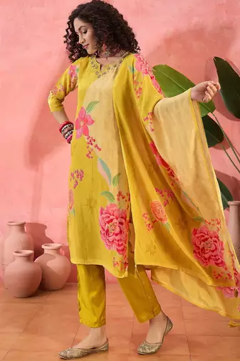 Women's yellow & pink floral printed kurta with trousers & dupatta