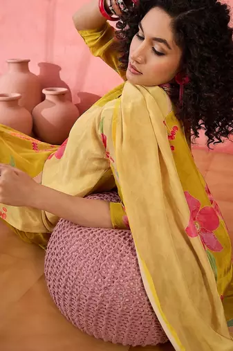 Women's yellow & pink floral printed kurta with trousers & dupatta