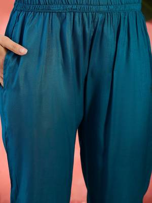 Women's teal blue & sky blue floral printed kurta with trousers & dupatta 2