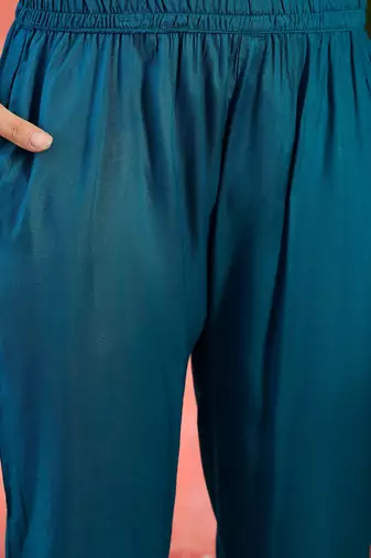 Women's teal blue & sky blue floral printed kurta with trousers & dupatta