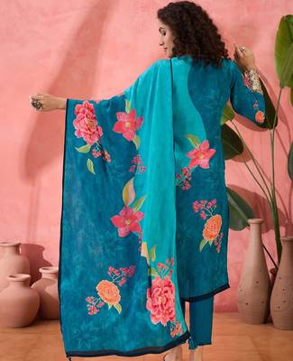 Women's teal blue & sky blue floral printed kurta with trousers & dupatta 3
