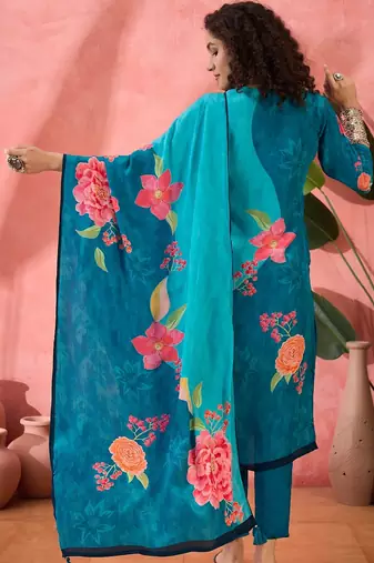 Women's teal blue & sky blue floral printed kurta with trousers & dupatta