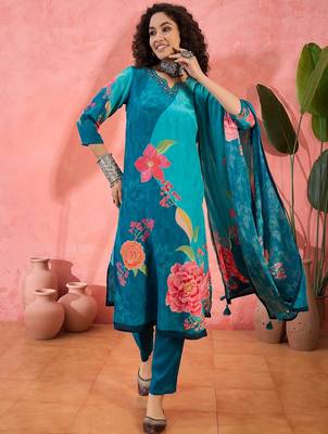 Women's teal blue & sky blue floral printed kurta with trousers & dupatta 1