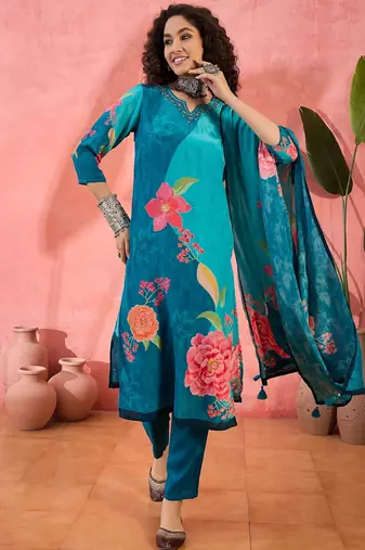 Women's teal blue & sky blue floral printed kurta with trousers & dupatta
