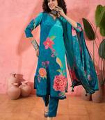 Women's teal blue & sky blue floral printed kurta with trousers & dupatta