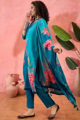 Women's teal blue & sky blue floral printed kurta with trousers & dupatta