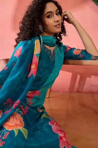 Women's teal blue & sky blue floral printed kurta with trousers & dupatta