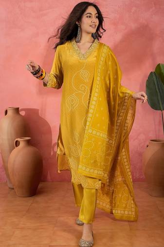 Women's mustard v-neck embroidered bandhani printed kurta with trousers & dupatta