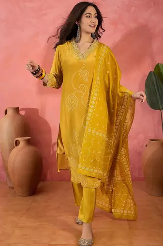 Women's mustard v-neck embroidered bandhani printed kurta with trousers & dupatta