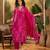 Women's magenta v-neck embroidered bandhani printed kurta with trousers & dupatta
