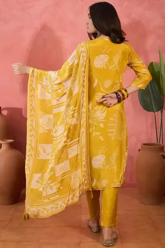 Women's mustard & beige floral printed kurta with trousers & dupatta