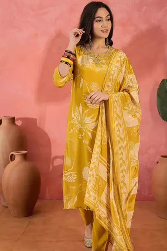 Women's mustard & beige floral printed kurta with trousers & dupatta