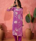 Women's plum & beige floral printed kurta with trousers & dupatta