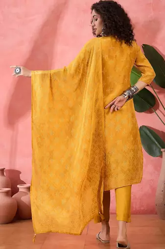 Women's mustard bandhani printed kurta with trousers & dupatta