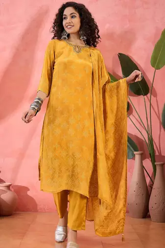 Women's mustard bandhani printed kurta with trousers & dupatta