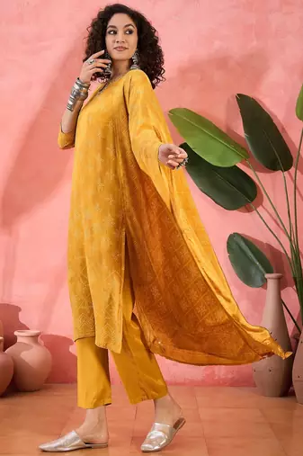 Women's mustard bandhani printed kurta with trousers & dupatta