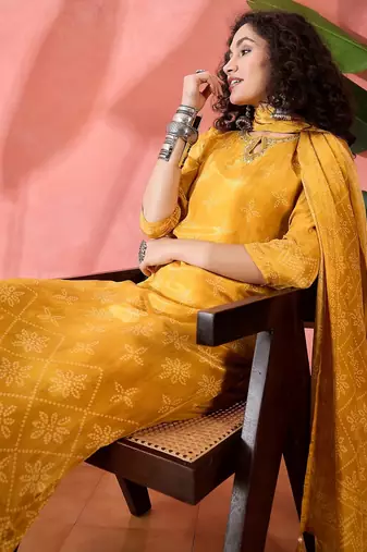 Women's mustard bandhani printed kurta with trousers & dupatta