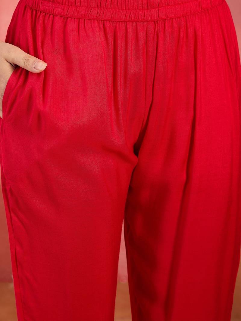 Women's red & white bandhani printed kurta with trousers & dupatta