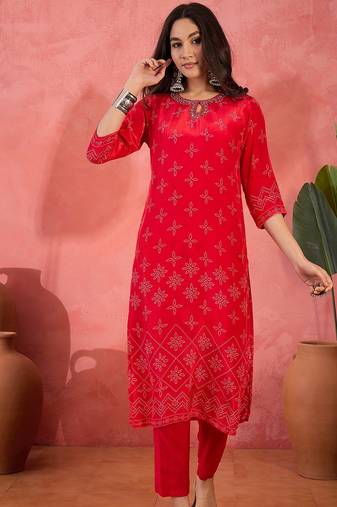 Women's red & white bandhani printed kurta with trousers & dupatta