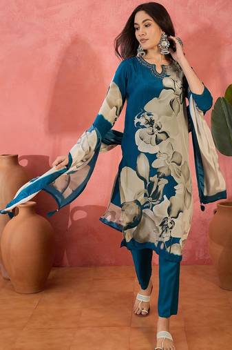 Women's teal blue & beige floral printed kurta with trousers & dupatta