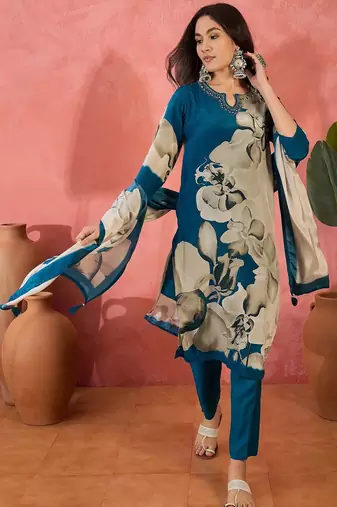 Women's teal blue & beige floral printed kurta with trousers & dupatta